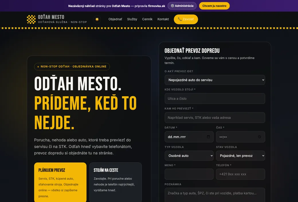 Ukážka stránky pre odťahovú službu