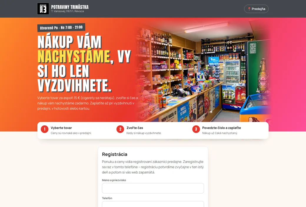 Ukážka stránky pre potraviny – objednávka online a vyzdvihnutie v predajni